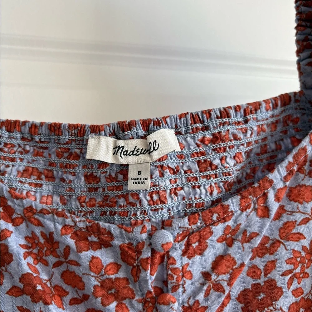 Madewell Rust Floral Square Neck Puff Sleeve Top